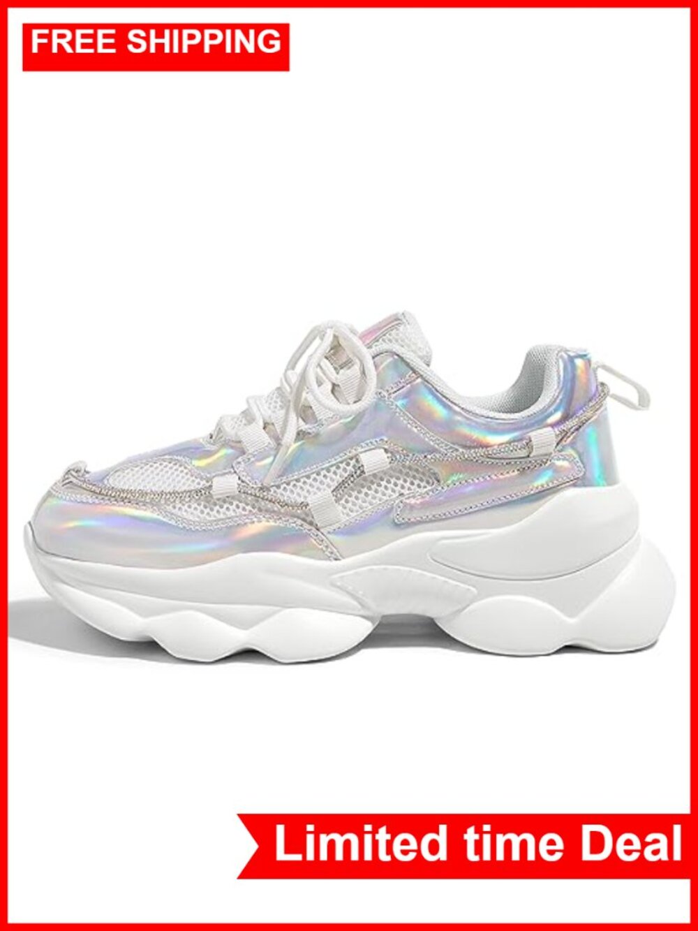 Women's Chunky Platform Sneakers Rhinestone Bling Rope Lace-Up Walking Shoes